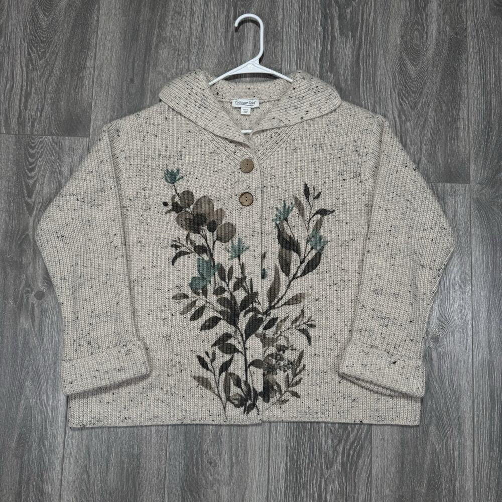 Coldwater Creek Lingering Leaves Cardigan Cream Sweater Womens Petite XL Cozy